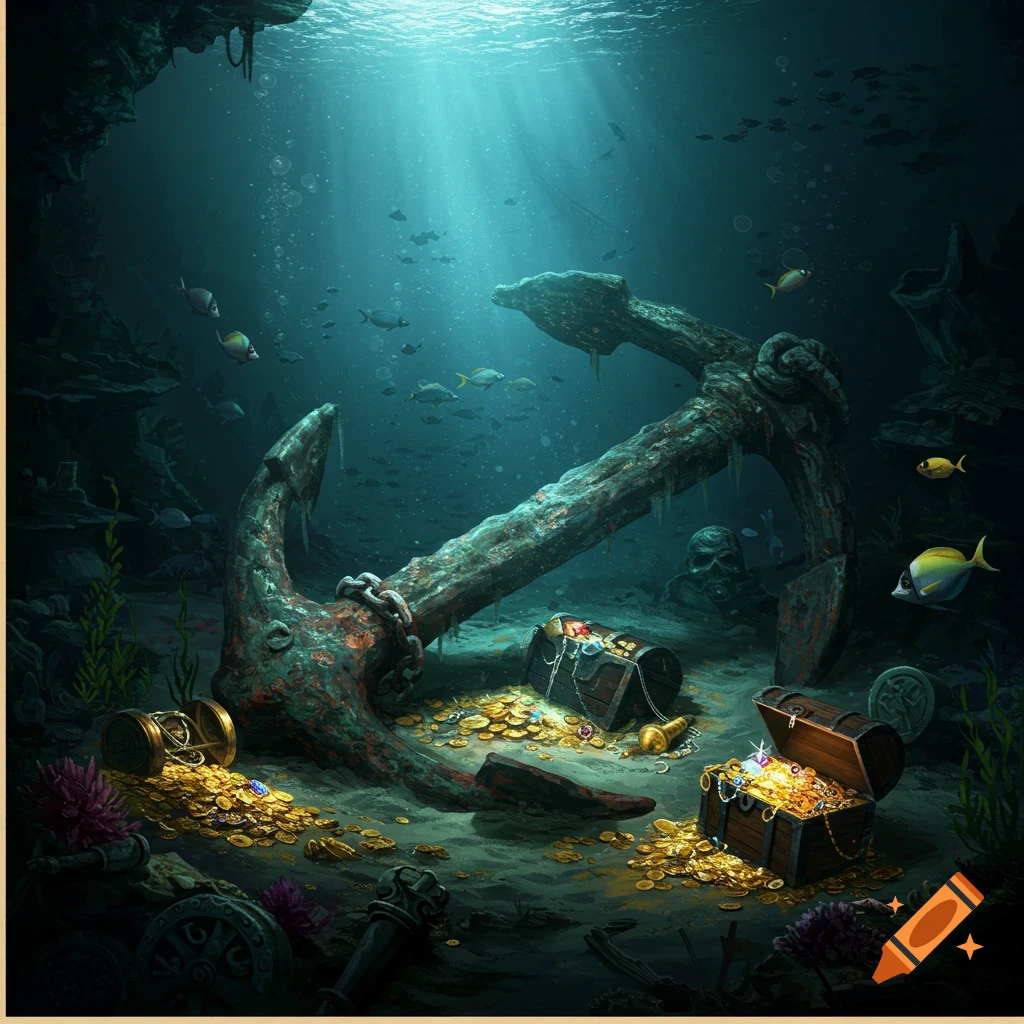 Underwater scene with a large anchor and spilled treasure chests full of gold coins and jewels, with light rays from the surface.
