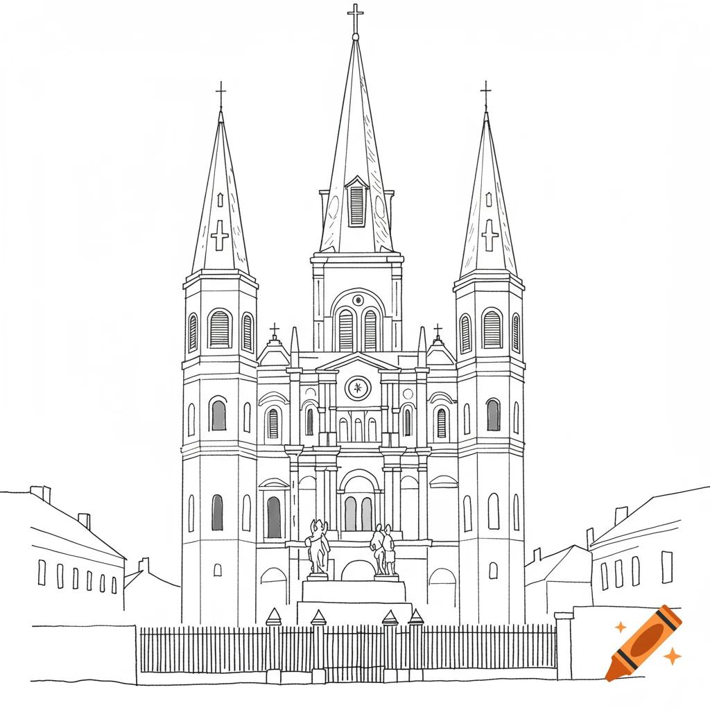 Line art drawing of a large cathedral with spires and a fence