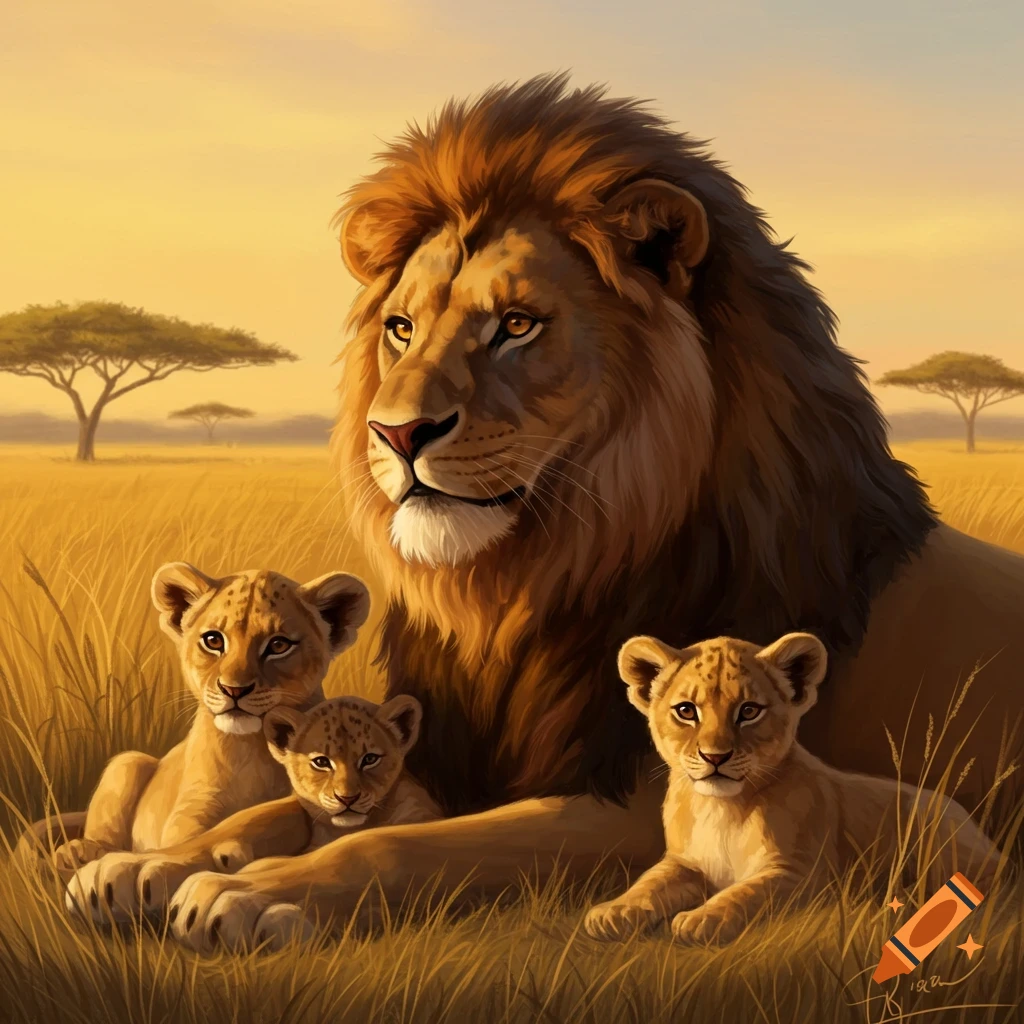 Lion with three cubs in a grassy savanna at sunset.