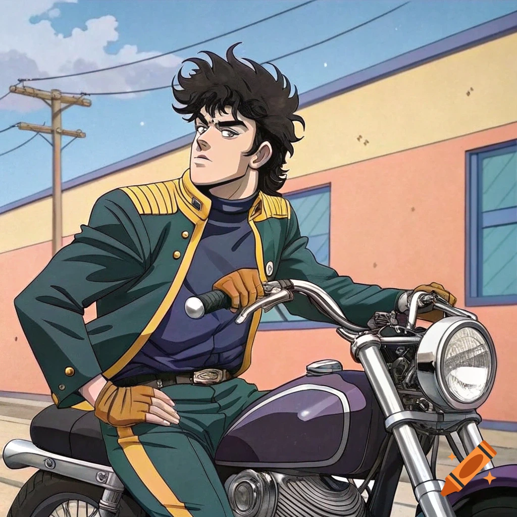 Anime-style man with spiky black hair in a green jacket sits on a purple motorcycle on a street.