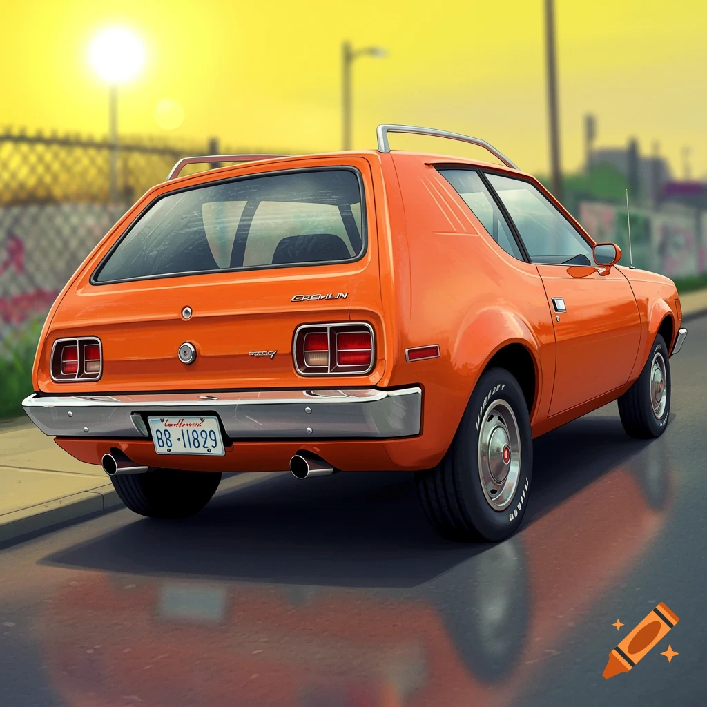 An orange AMC Gremlin car is parked on a street, seen from the rear during sunset.