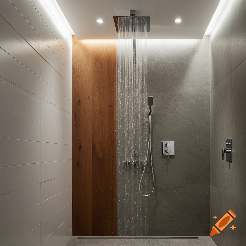 Modern shower with rain showerhead, hand shower, wood paneling, and tiled walls