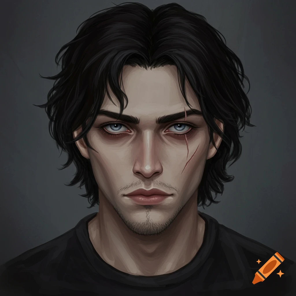 Digital illustration portrait of a man with dark hair, blue eyes, and a scar on his face.