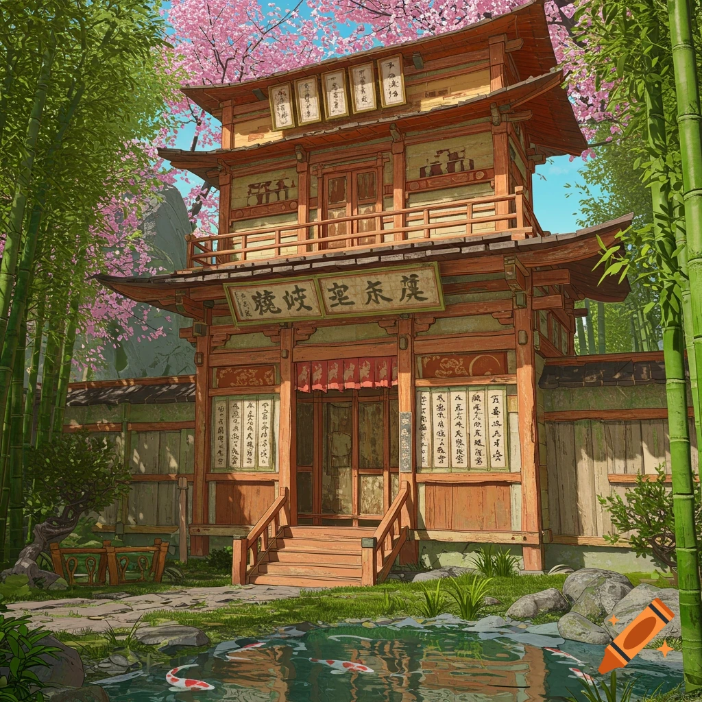 A traditional Japanese dojo building surrounded by bamboo and cherry blossoms, with a pond and koi fish.