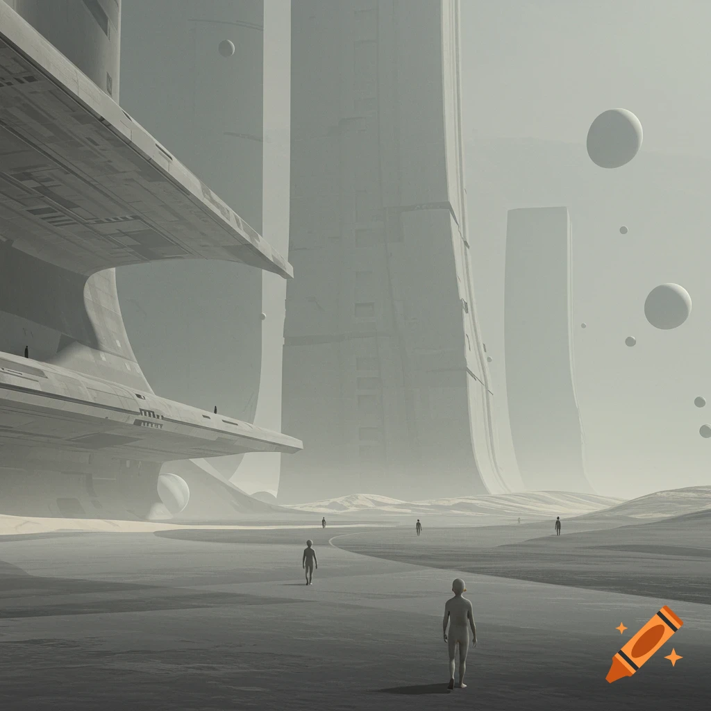 A stark sci-fi landscape with massive brutalist structures, small figures, and floating spheres under a hazy sky.