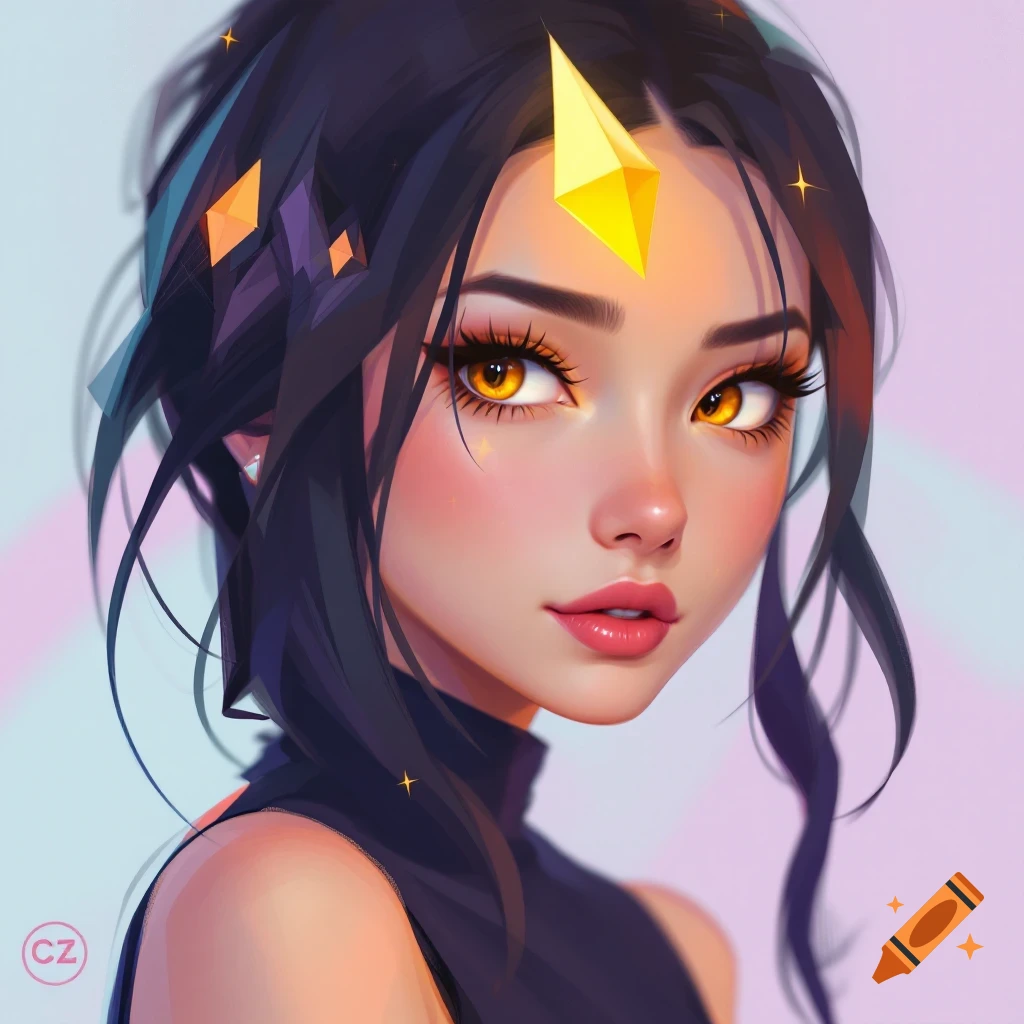Digital art portrait of a woman with yellow eyes and a forehead gem