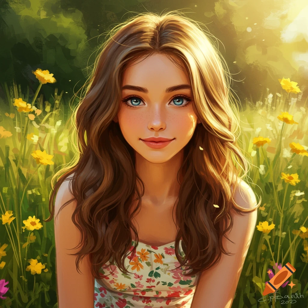 Illustrative portrait of a young woman with long brown hair and blue eyes smiling in a sunny field of yellow flowers.