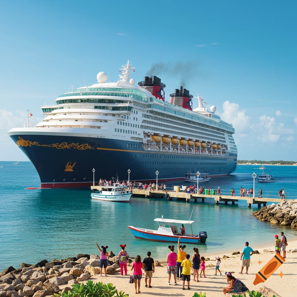 A large cruise ship docked at a pier with people on the beach and pier