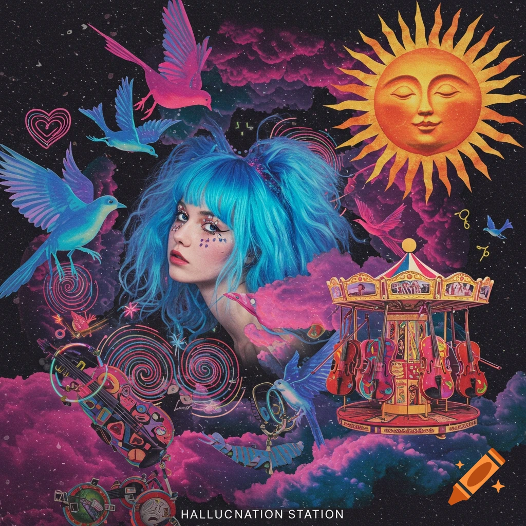 Surreal collage of a person with blue hair, neon birds, sun, and violin carousel on a starry background.