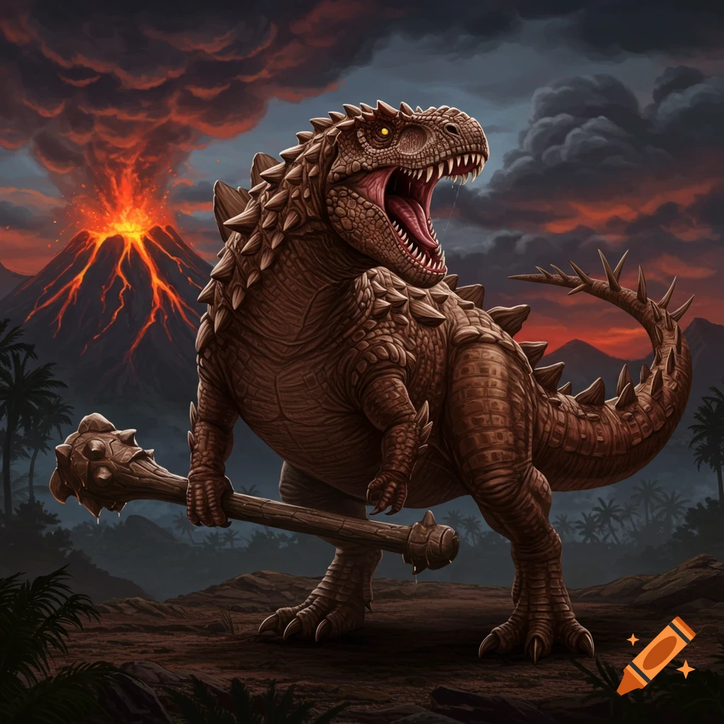 Dinosaur hybrid with a club in a prehistoric landscape with an erupting volcano, concept art.