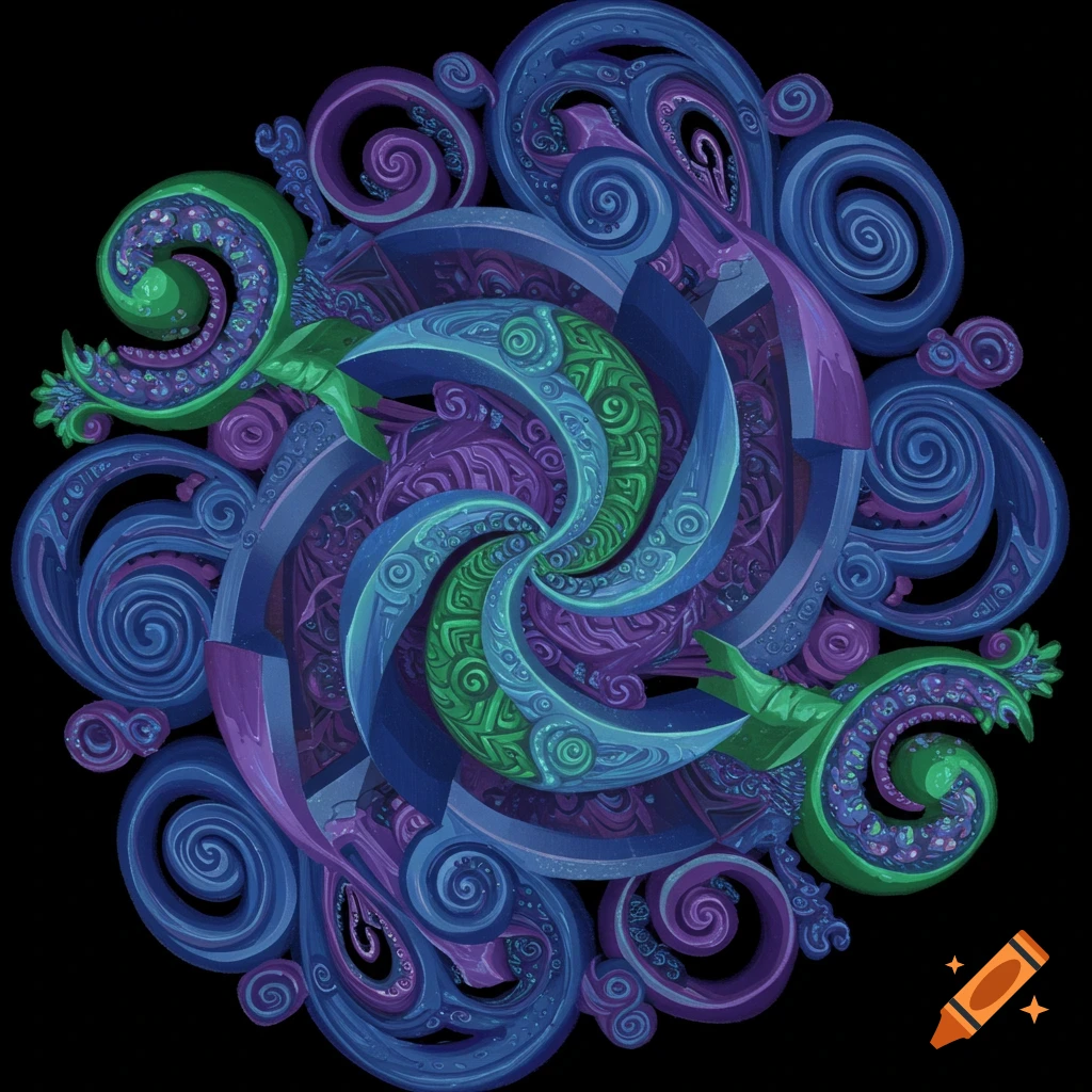 Abstract swirling pattern in shades of blue, green, and purple.