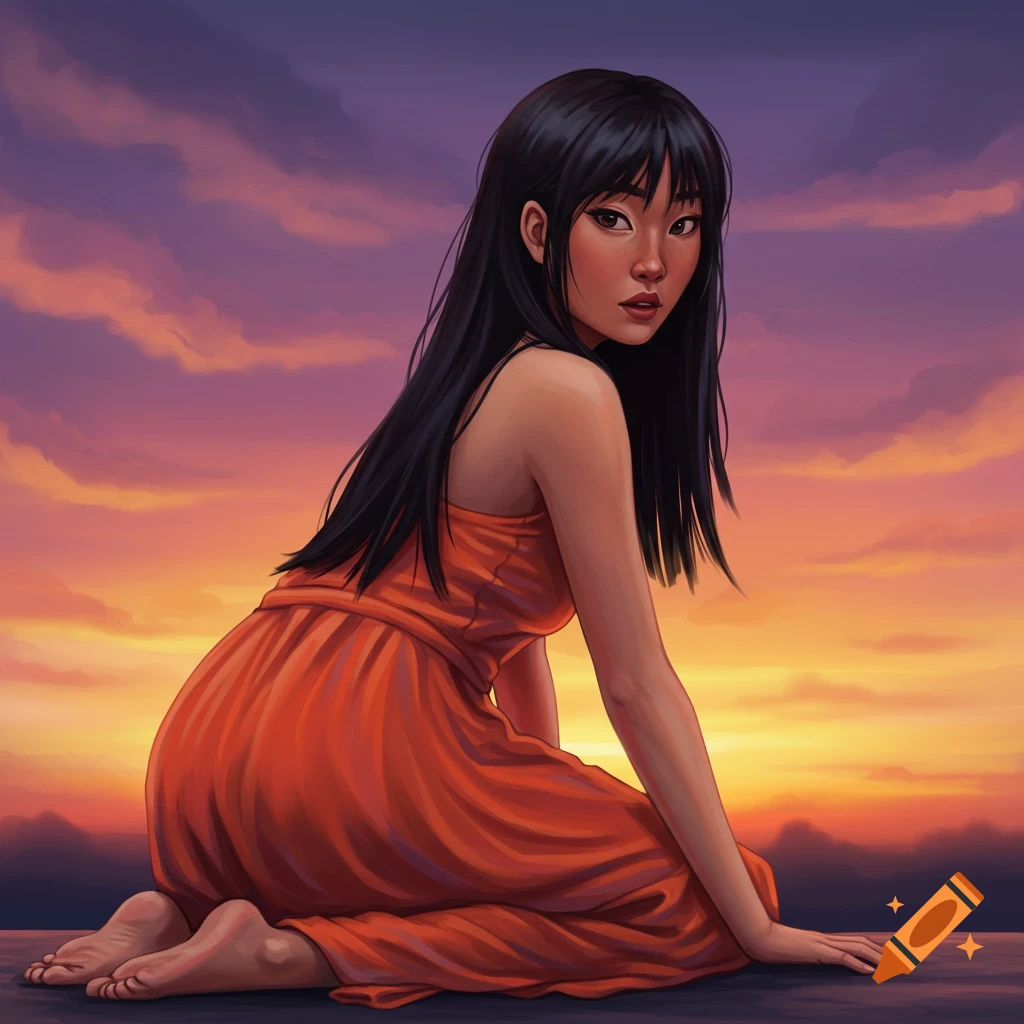Digital art portrait of a woman in an orange dress kneeling against a sunset sky.