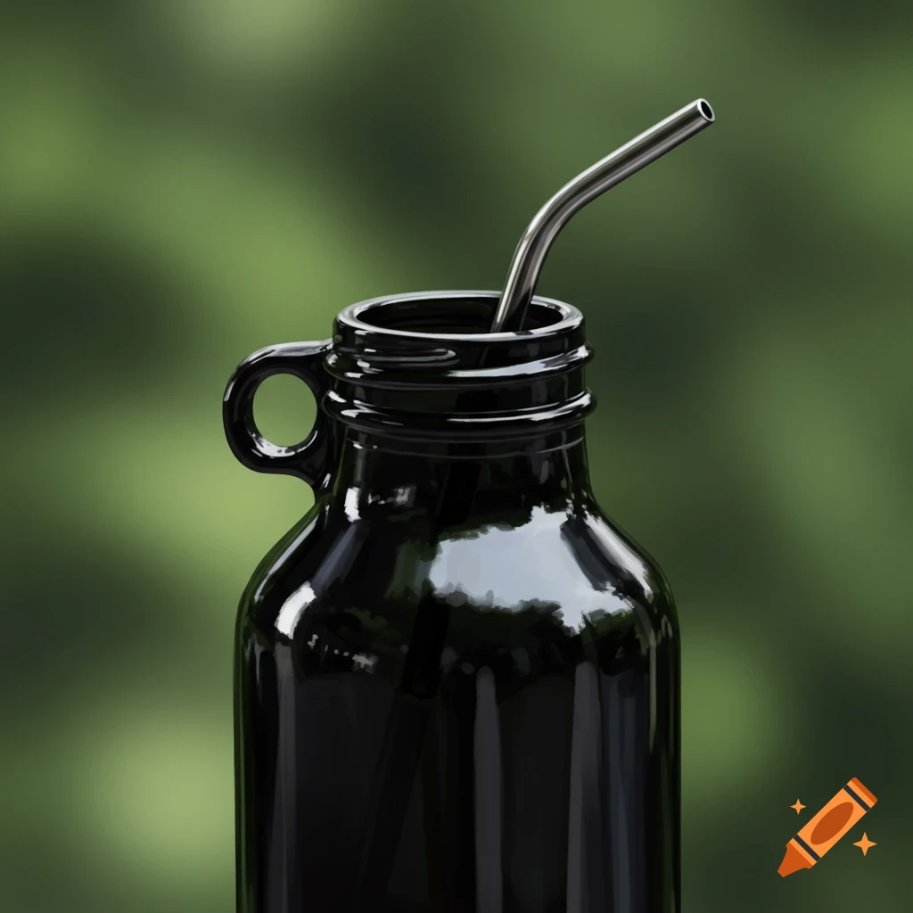 Close-up of a black bottle with a handle and a steel straw