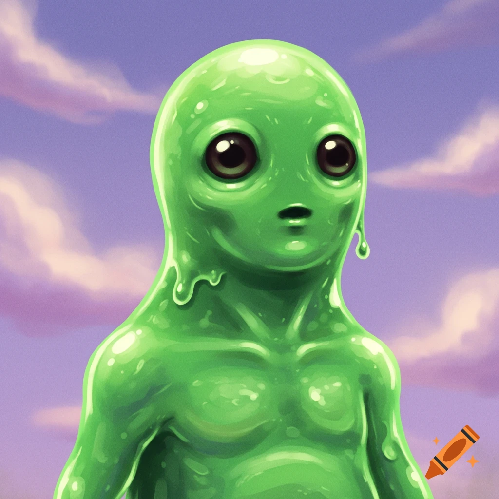 A bright green slime creature with big eyes against a purple sky with clouds.
