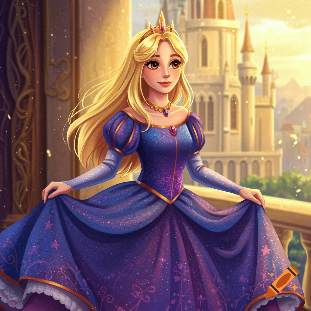 An illustration of a blonde princess in a blue dress standing on a balcony with a castle in the background.
