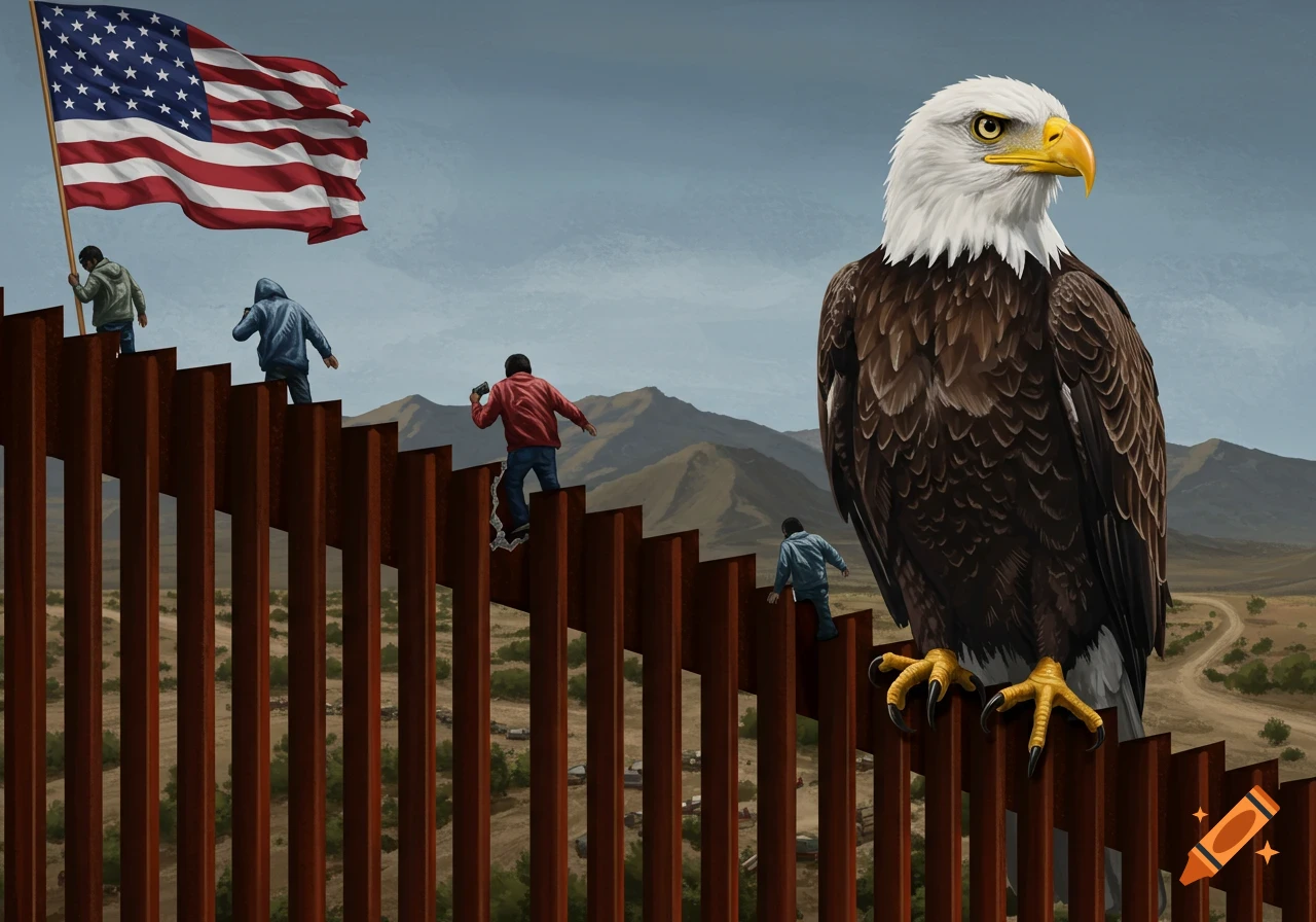 Giant bald eagle on border wall, people climbing wall below American flag.