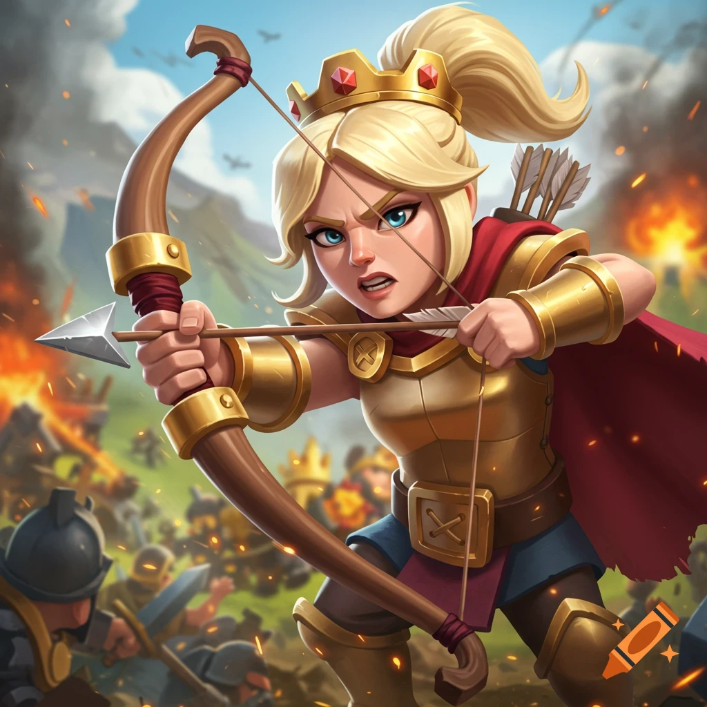Blonde archer queen in gold armor aims a bow on a battlefield