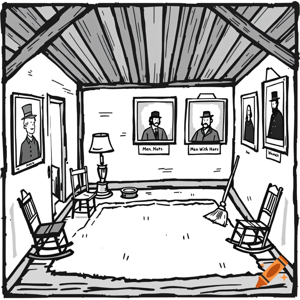 Black and white illustration of a room with portraits and furniture.