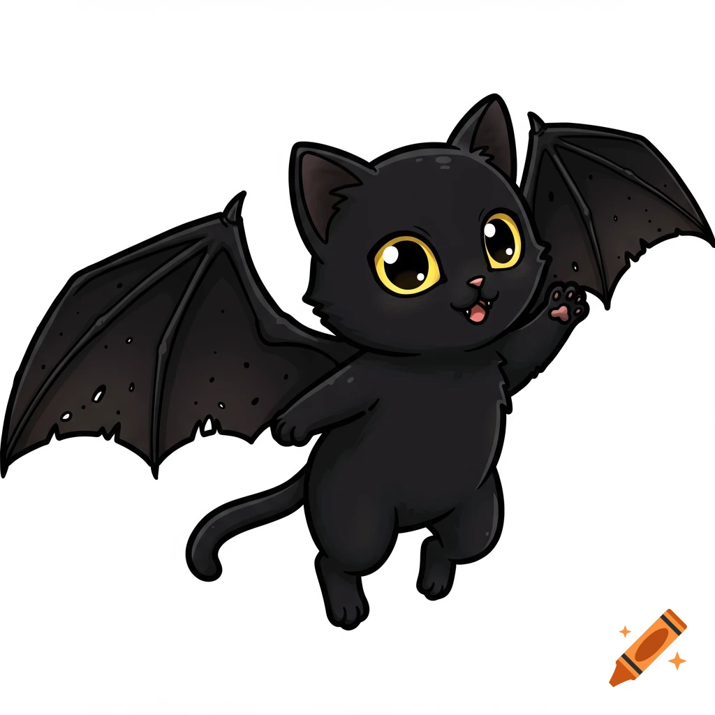 A cute black cartoon cat with bat wings flies happily with one paw raised.