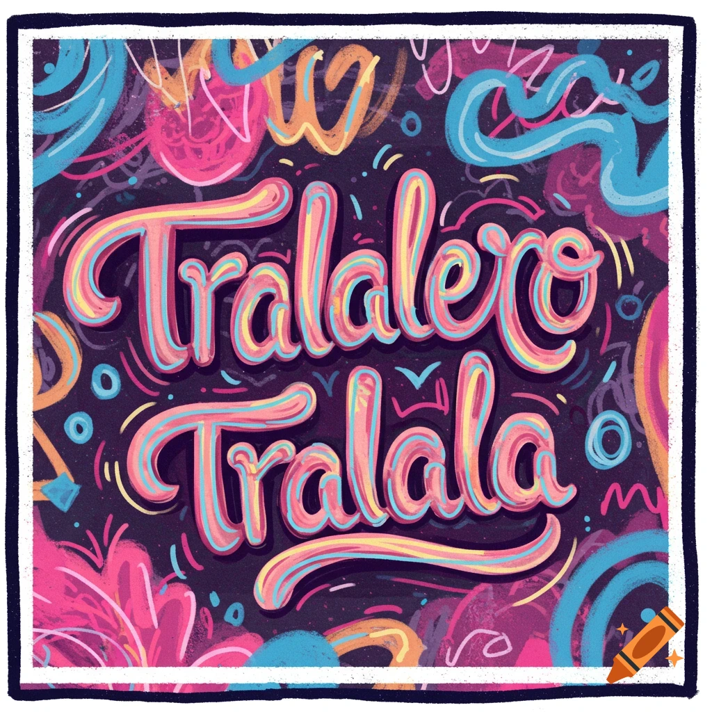 Colorful stylized text "Tralalero Tralala" on a dark background with abstract shapes.