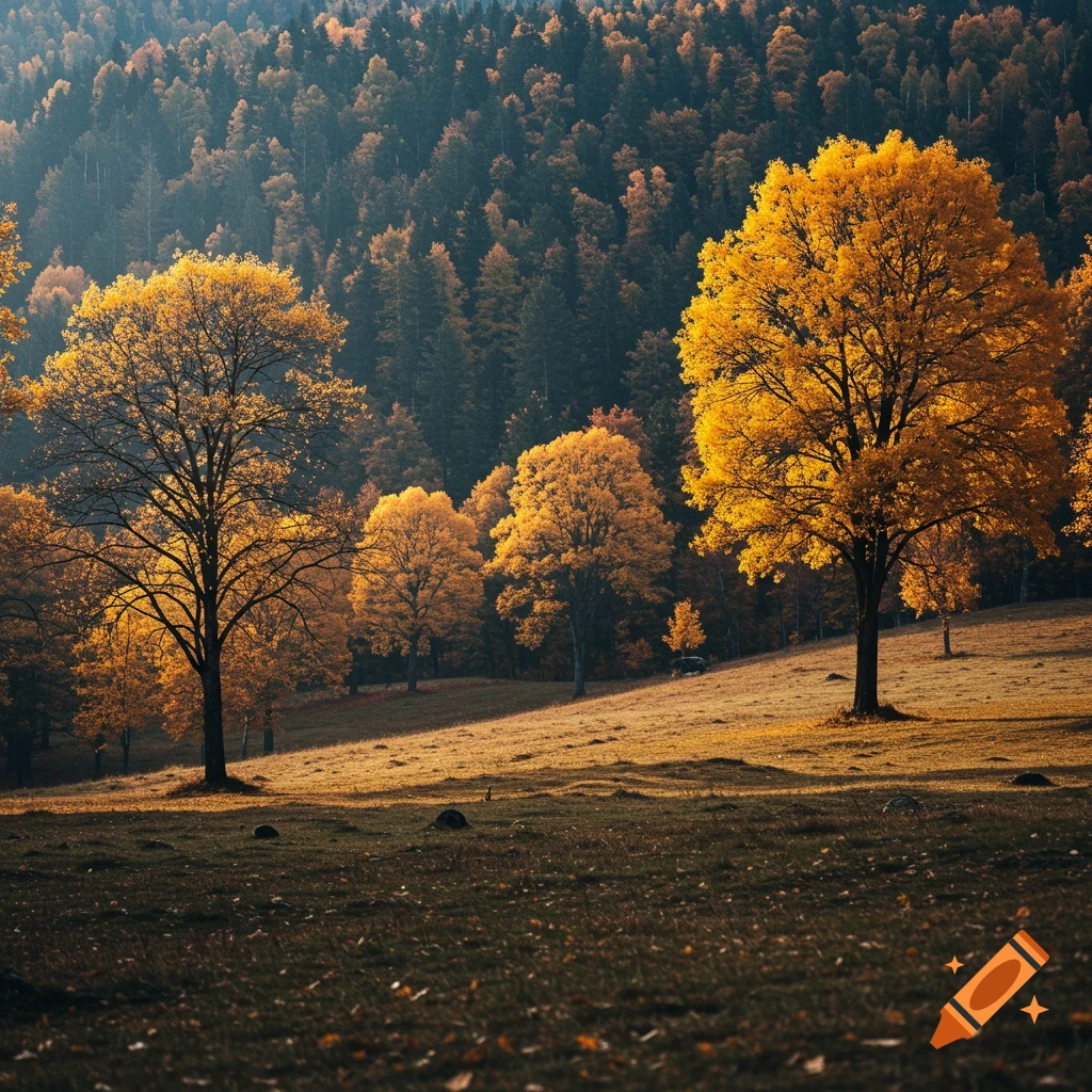 A sunlit meadow with trees displaying vibrant yellow and orange autumn leaves, against a backdrop of dark green forest.