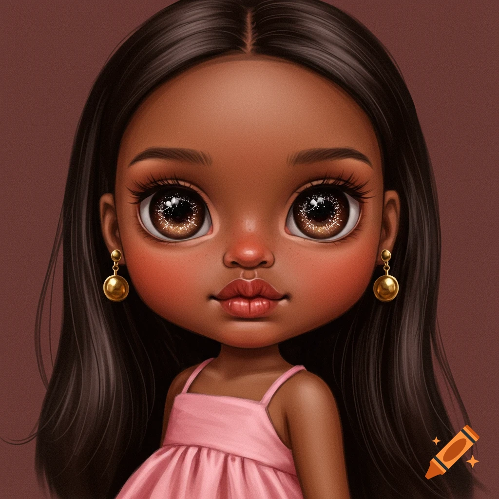 Stylized close-up portrait of a doll with brown skin, large sparkling eyes, long dark hair, pink dress, and gold earrings.