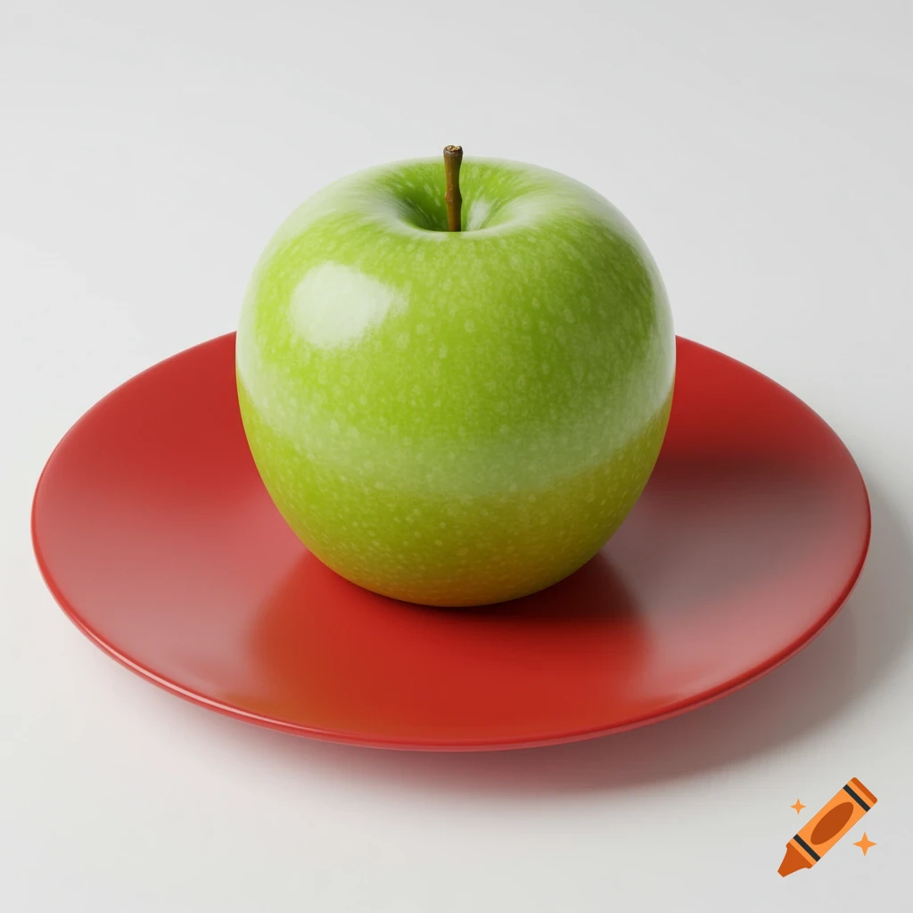 A green apple rests on a red plate.