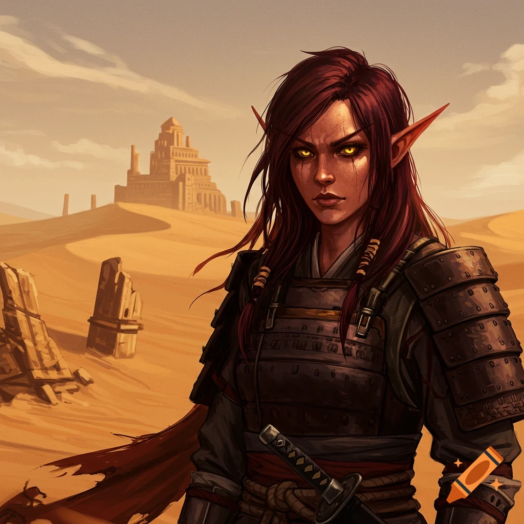 Illustration of an elf warrior in samurai armor standing in a desert landscape.