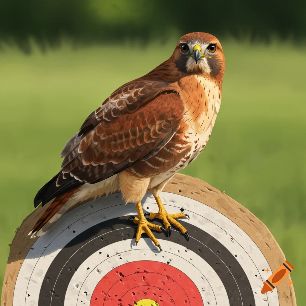 A red-tailed hawk perched on an archery target.
