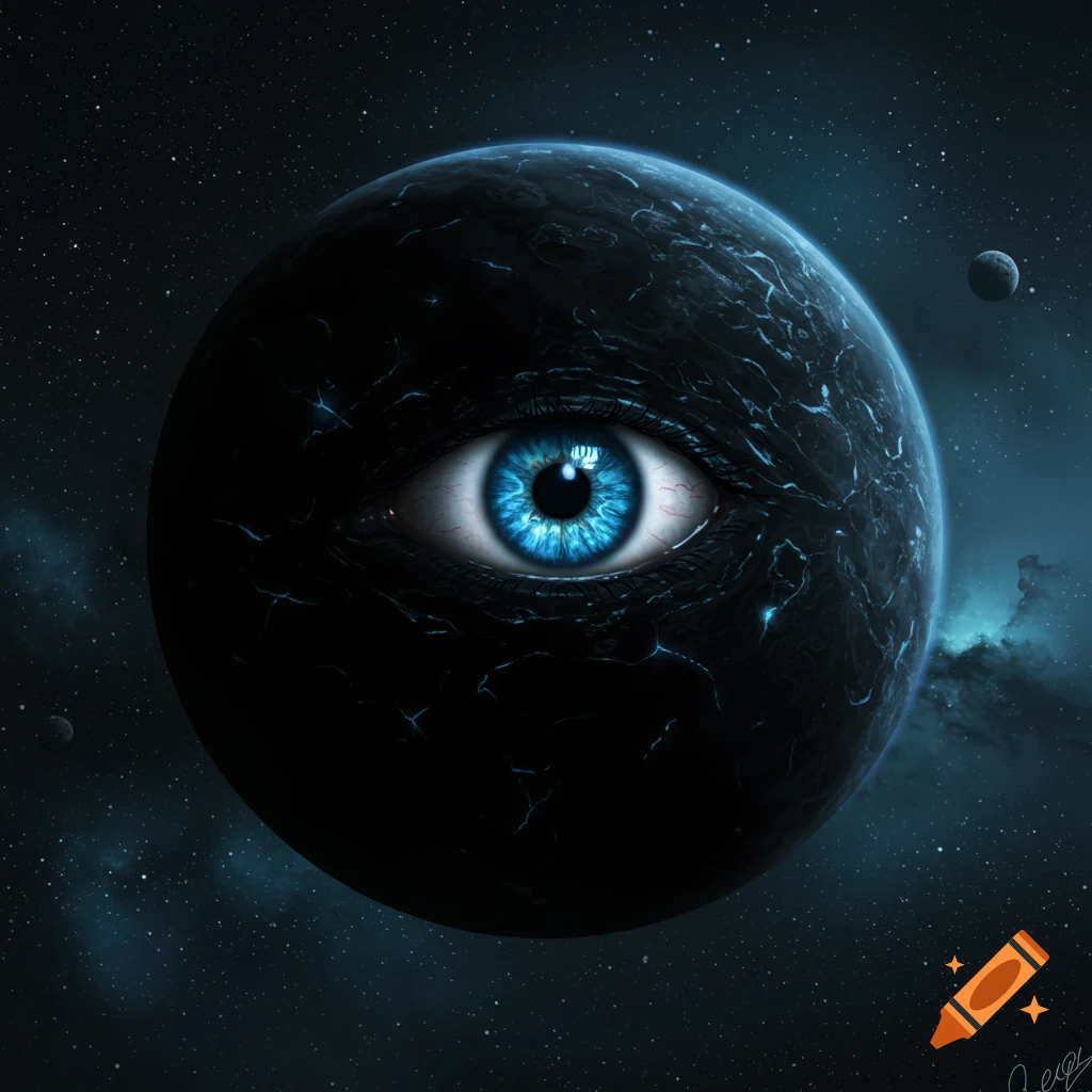 A dark planet with a large blue eye in the center, floating in space with stars and nebulae.