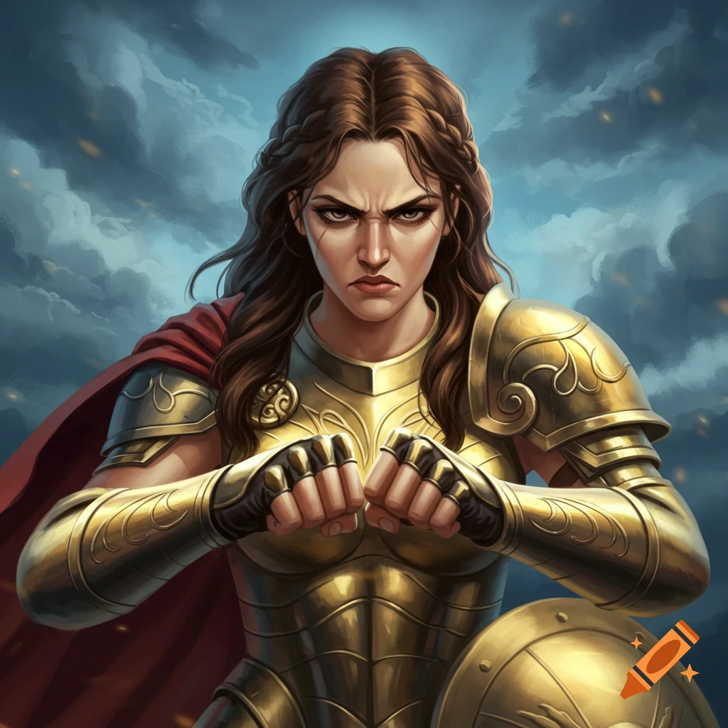 Female warrior in golden armor cracks knuckles with angry expression against stormy sky.