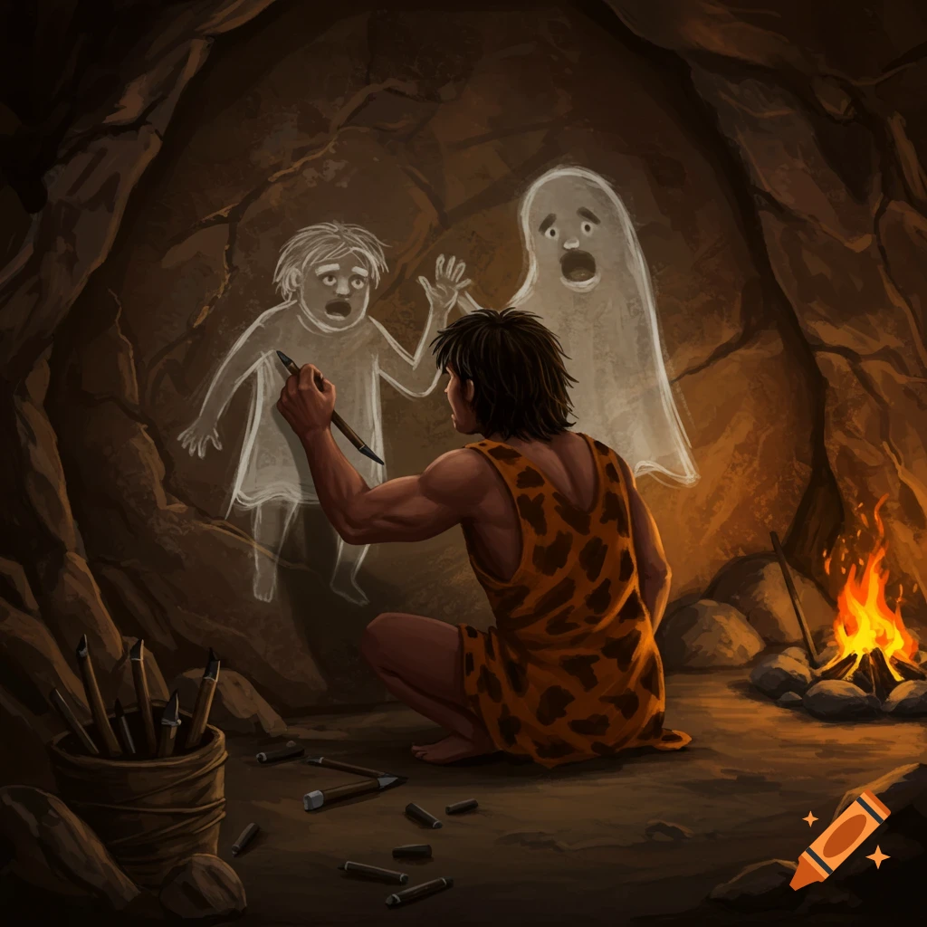 Caveman draws ghost figures on a cave wall by firelight
