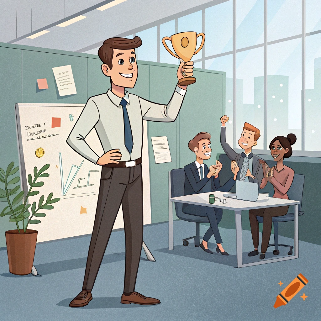 Cartoon illustration of a man holding a trophy in an office with celebrating colleagues.