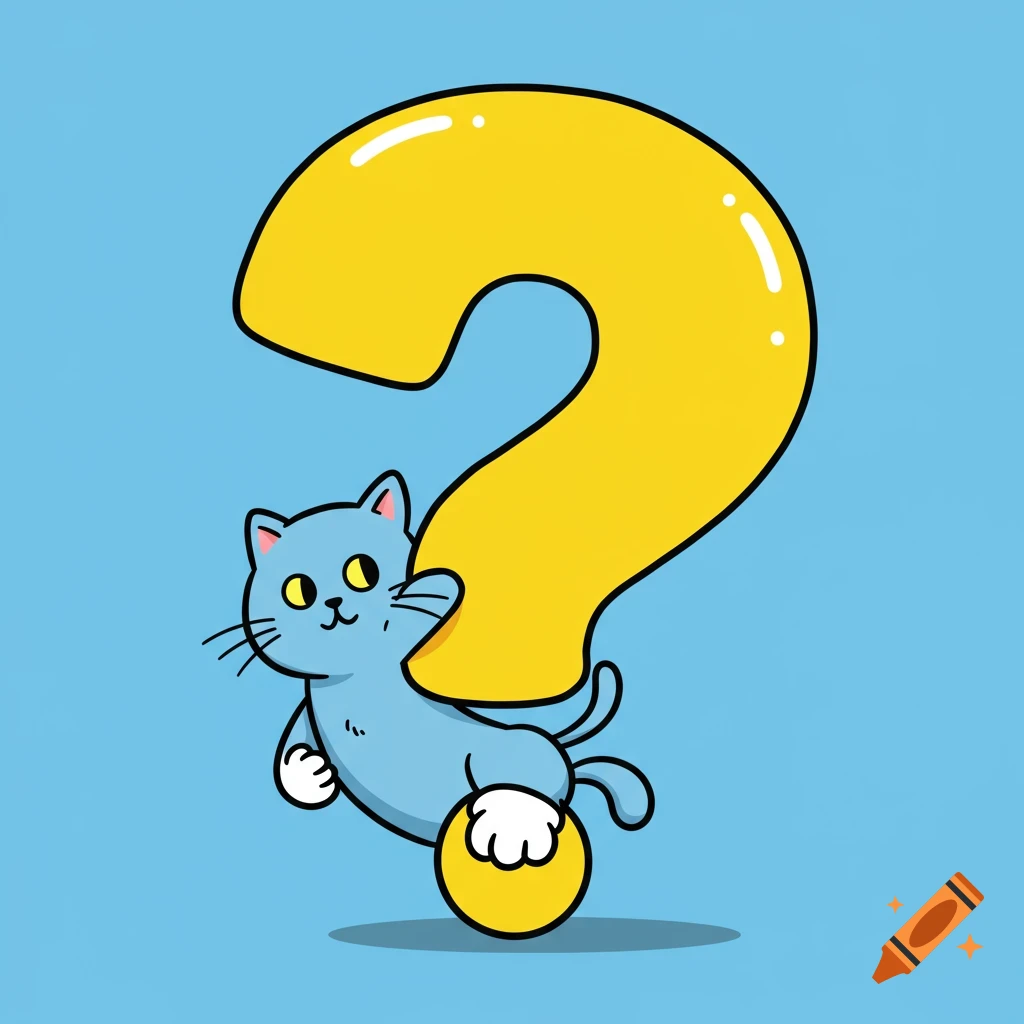 A cartoon blue cat forms part of a large yellow question mark on a blue background.