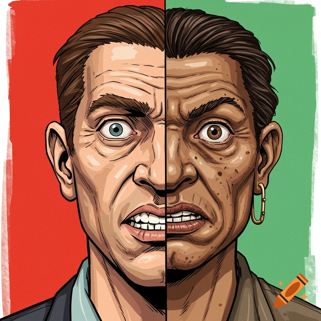 A comic-style portrait of a face split vertically, showing a wealthy person on the left and a poor person on the right.