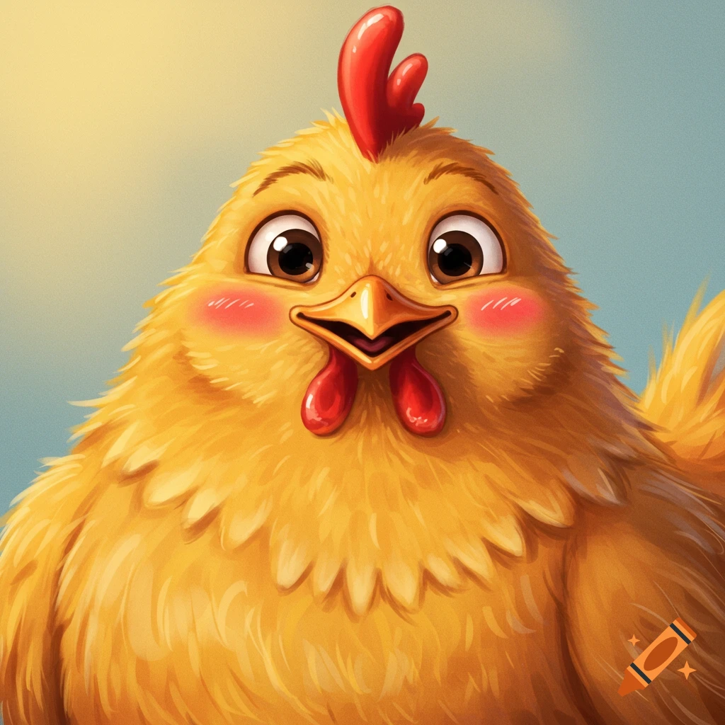 Close-up of a cheerful cartoon chicken with rosy cheeks