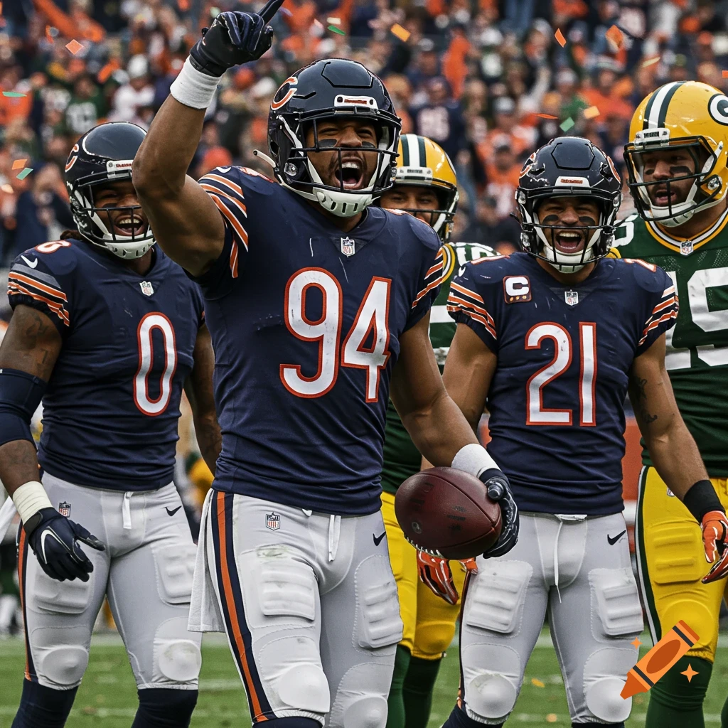 Chicago Bears players celebrating on the field after a football game