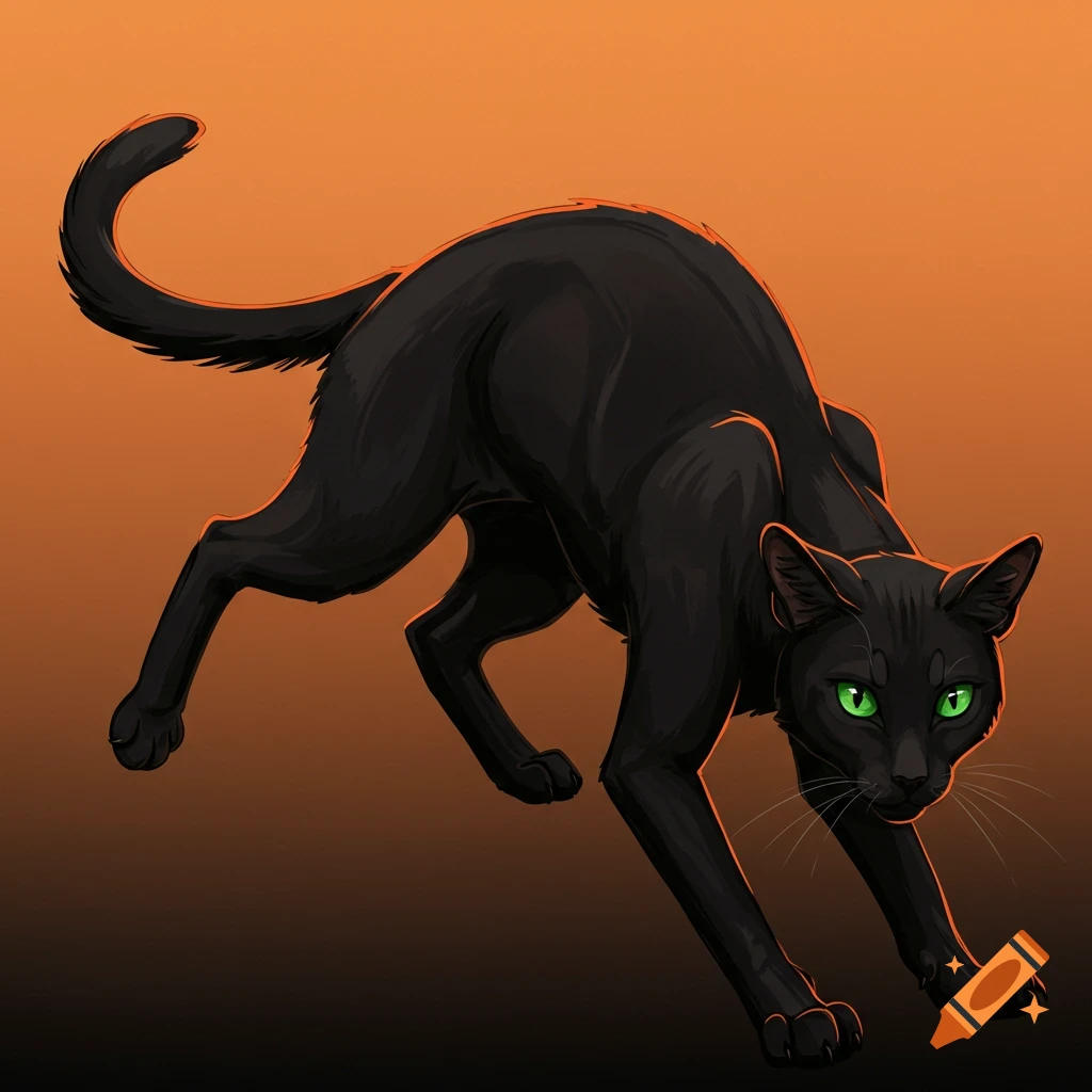 Illustration of a black cat with green eyes against an orange background.
