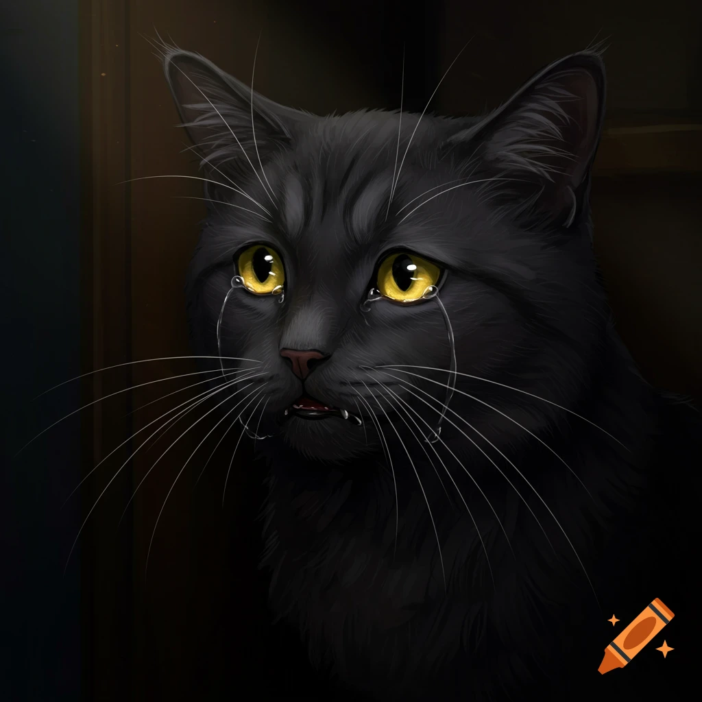 Illustration of a black cat with yellow eyes, crying.