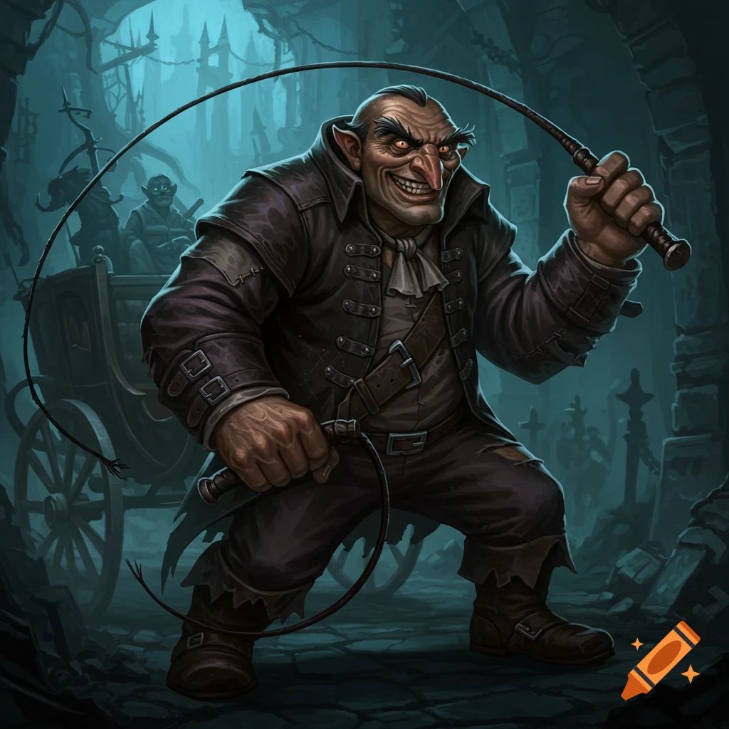 A grotesque man with a whip grins maniacally in a dark, gothic setting with a carriage, stylized digital art.