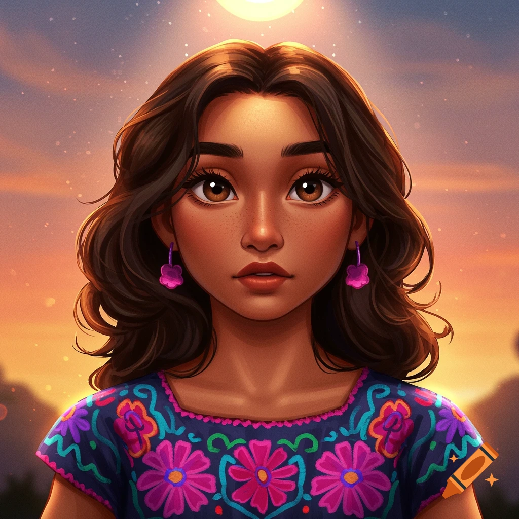 Stylized portrait of a girl with brown hair and freckles wearing a colorful embroidered top against a sunset background.