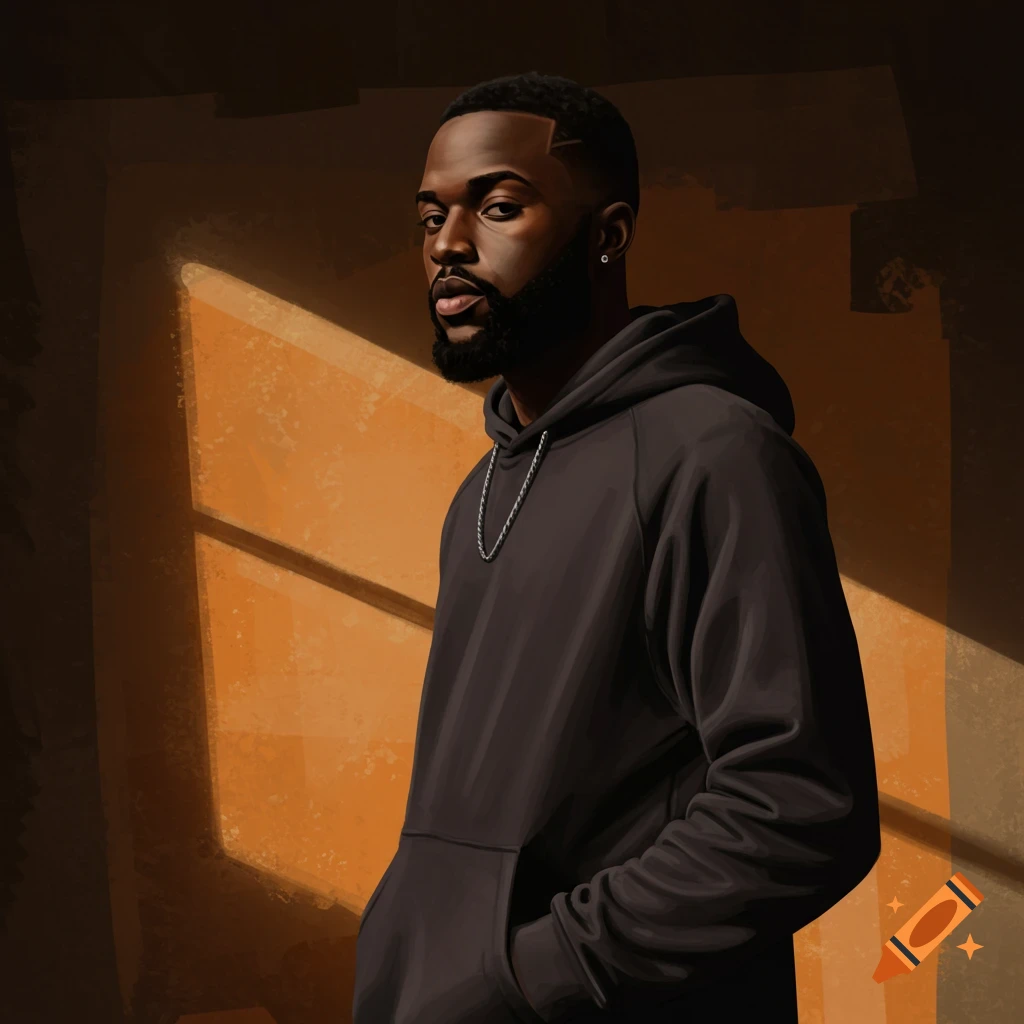 Illustration of a Black man in a black hoodie standing in a shadowed room with a shaft of orange light.
