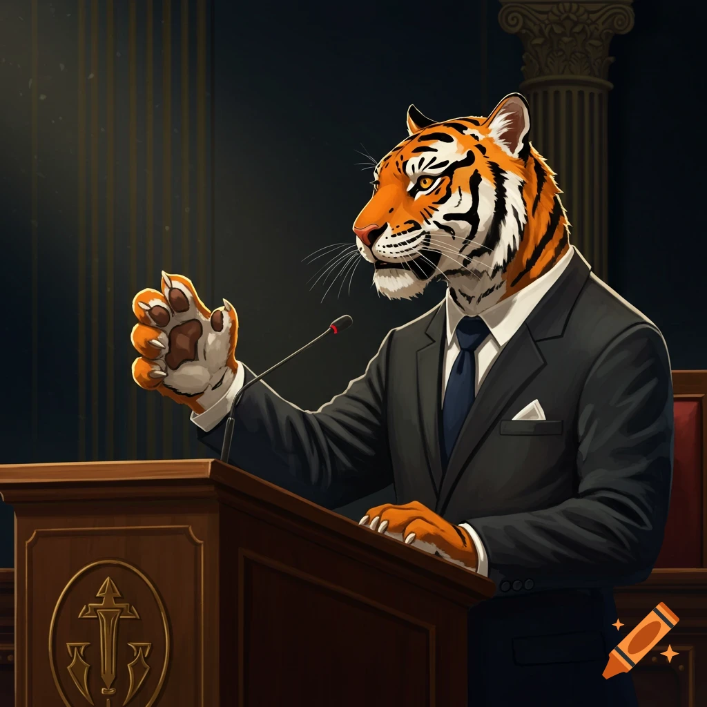 An anthropomorphic tiger in a suit stands at a podium, speaking.