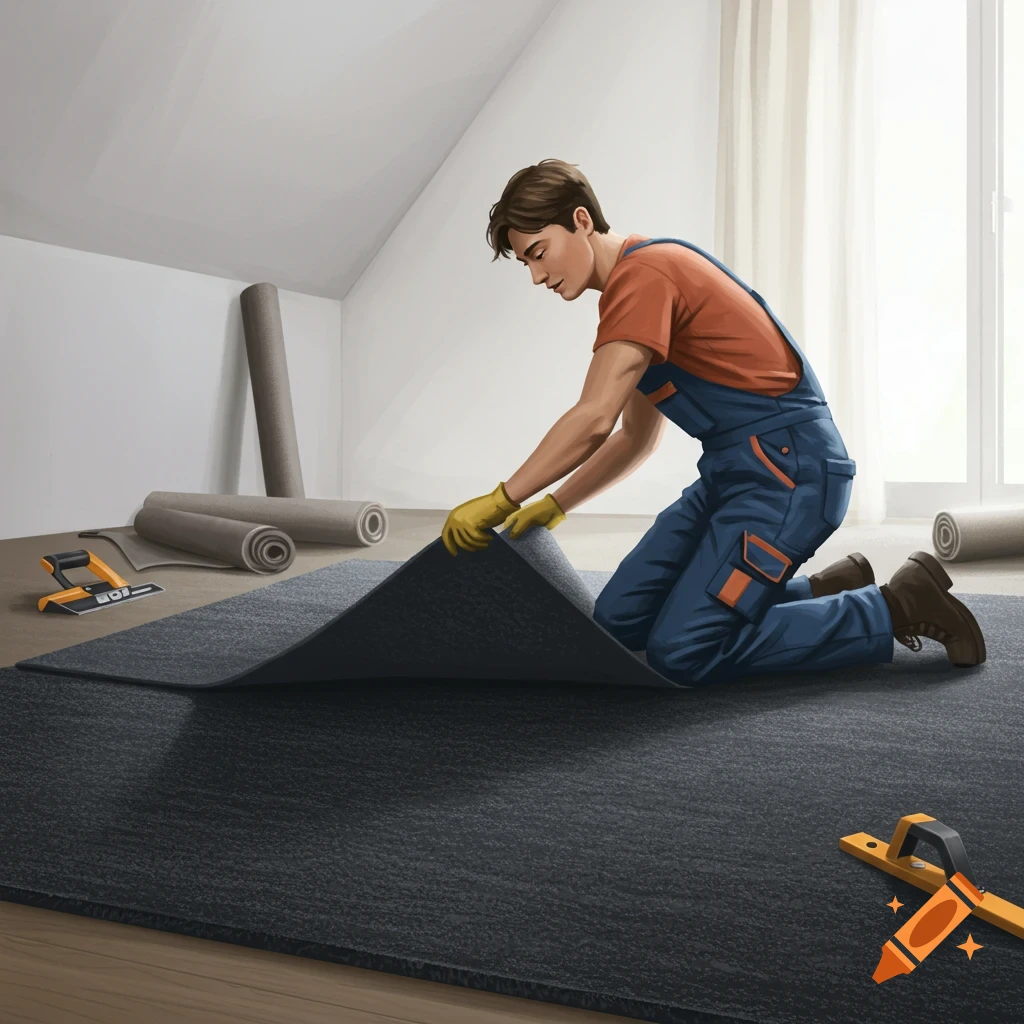 Person laying carpet in a room.