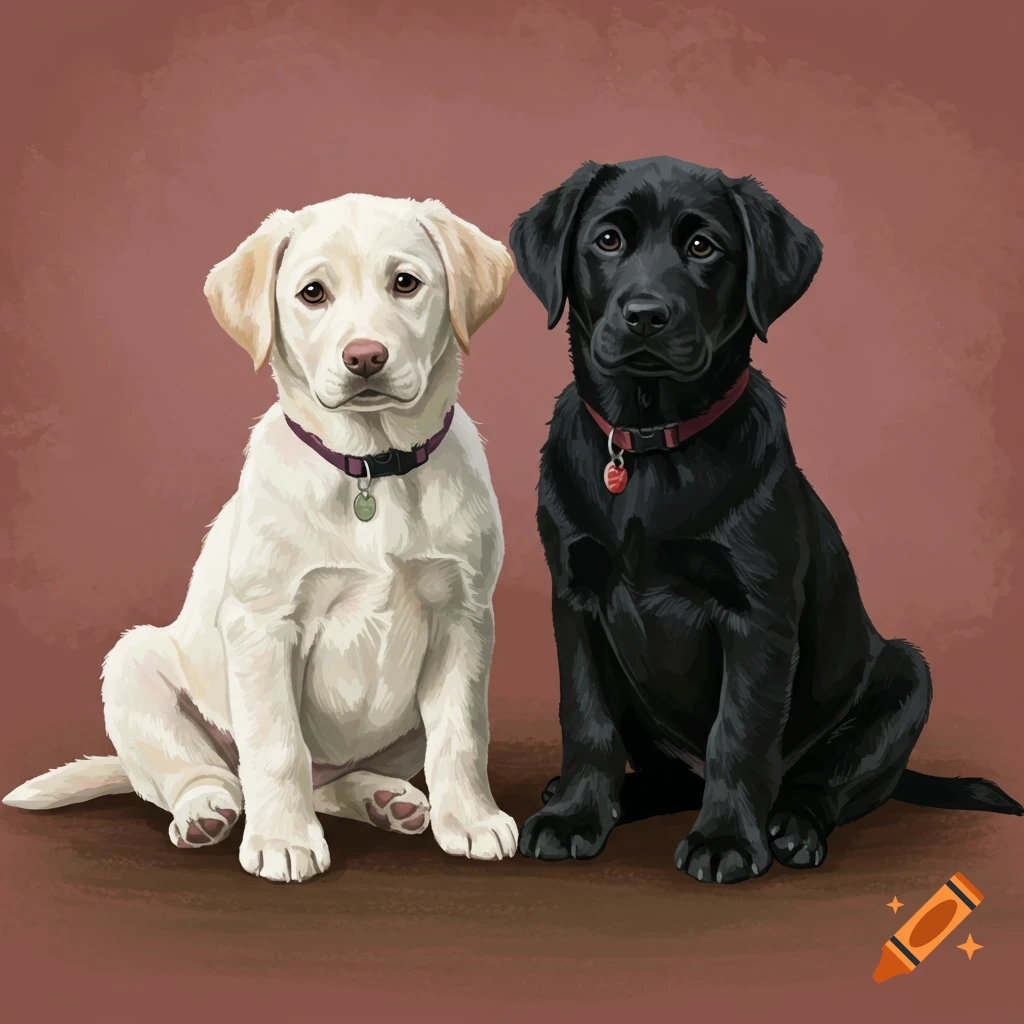 An illustration of a white Labrador puppy and a black Labrador puppy sitting side by side.
