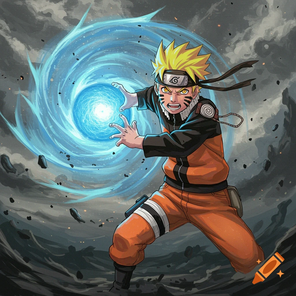 Naruto Uzumaki holds a swirling blue Rasengan energy sphere in an action pose, anime style.