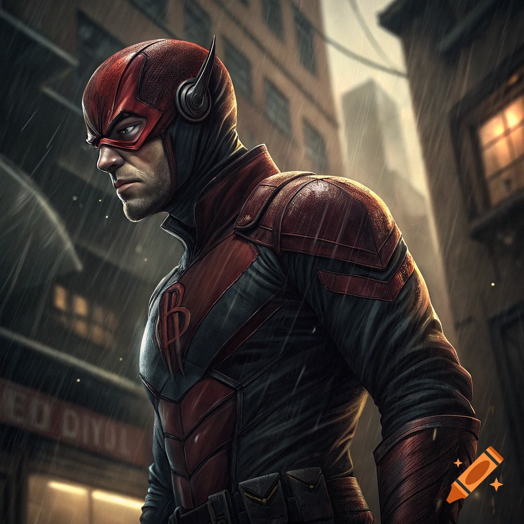 Person in red and black superhero costume stands in rainy city street