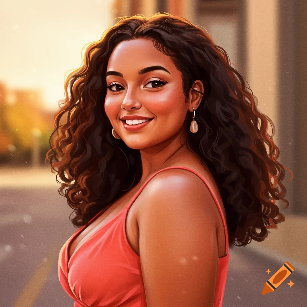 A smiling woman with long curly brown hair wears a pink dress, outdoors at golden hour.