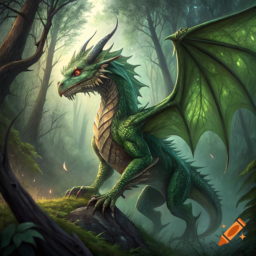 Green dragon stands on a log in a misty forest.