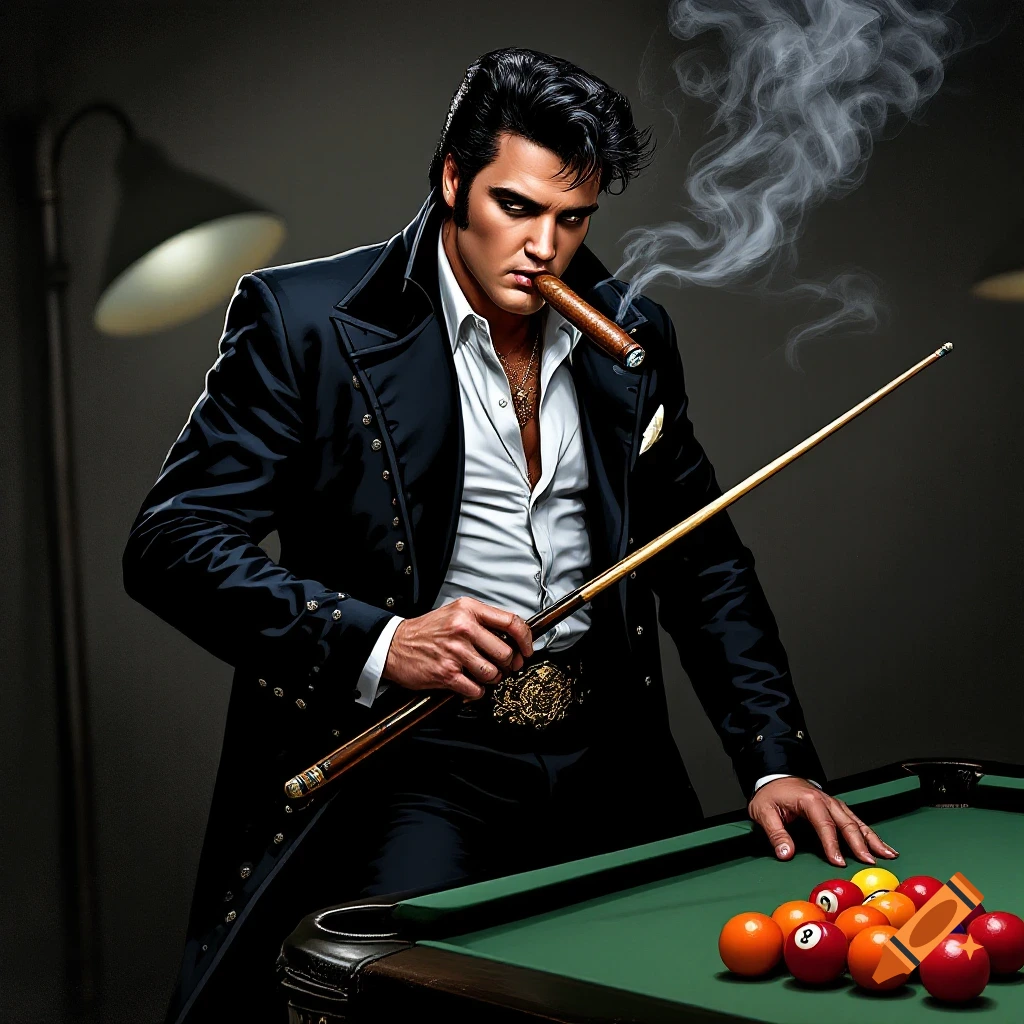 Stylized portrait of a man resembling Elvis Presley, smoking a cigar and holding a pool cue next to a pool table.